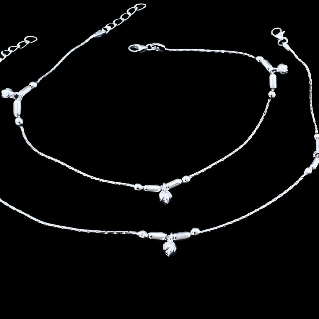 Real Silver Leaf Charm Beaded Anklet - Pair