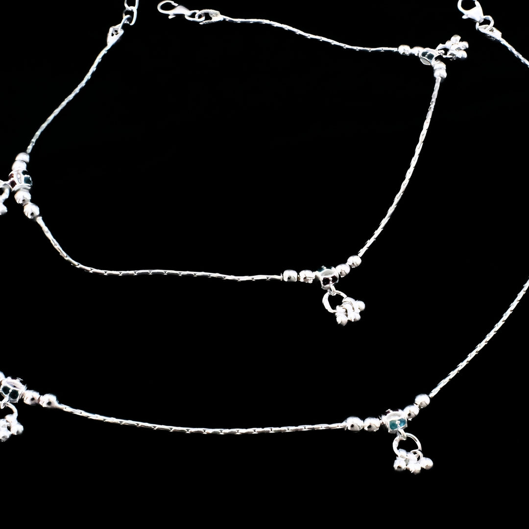Real Silver Minimalist Ball Chain Anklet with Jingle Bells Charms