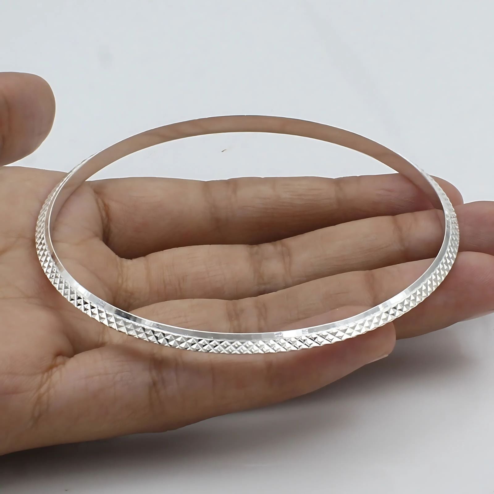 925 Real Silver V Shape Dotted Design Men's Bangle Bracelet - 6.8
