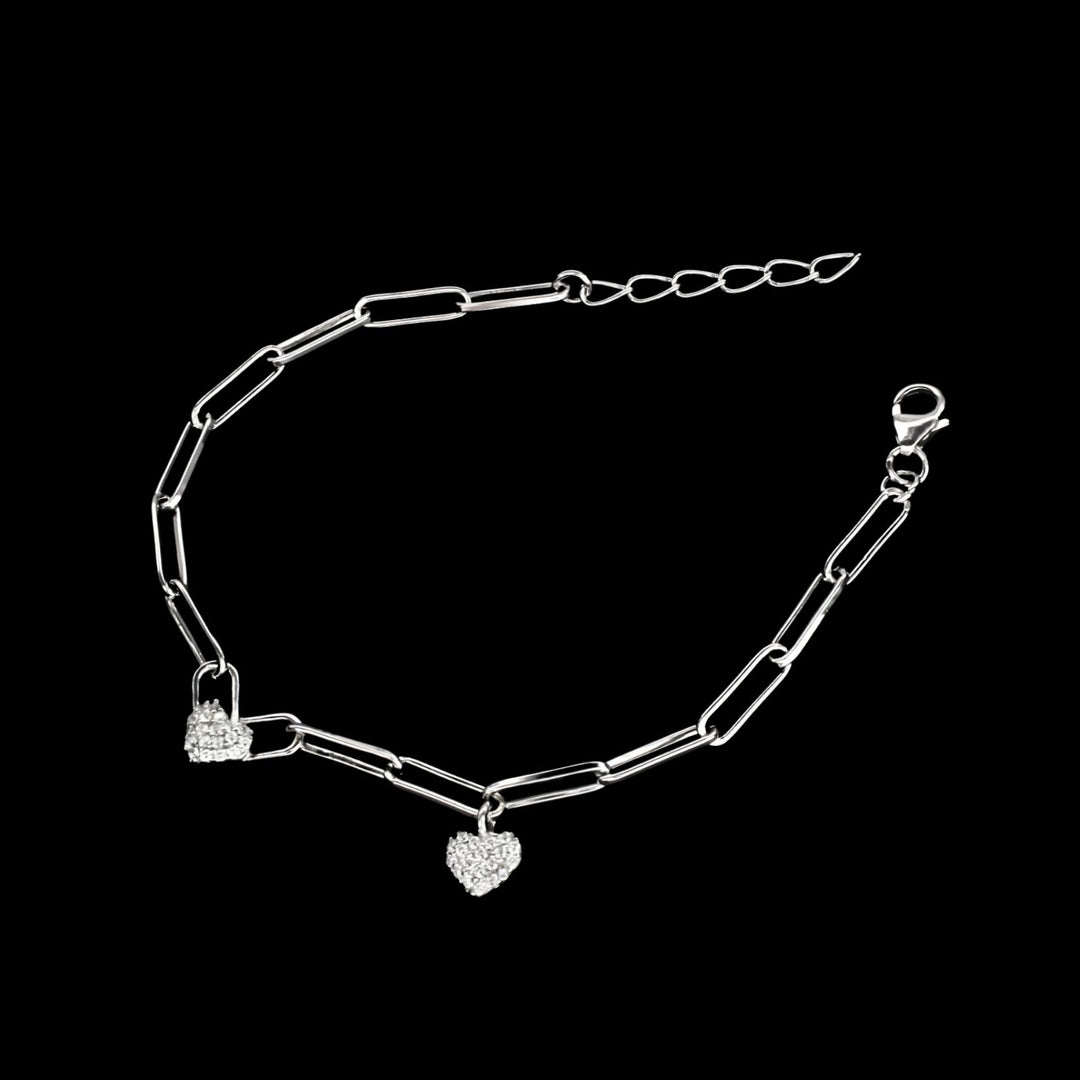 Indian 925 Sterling Silver White CZ Heart charms Paperclip chain Bracelet for Girls