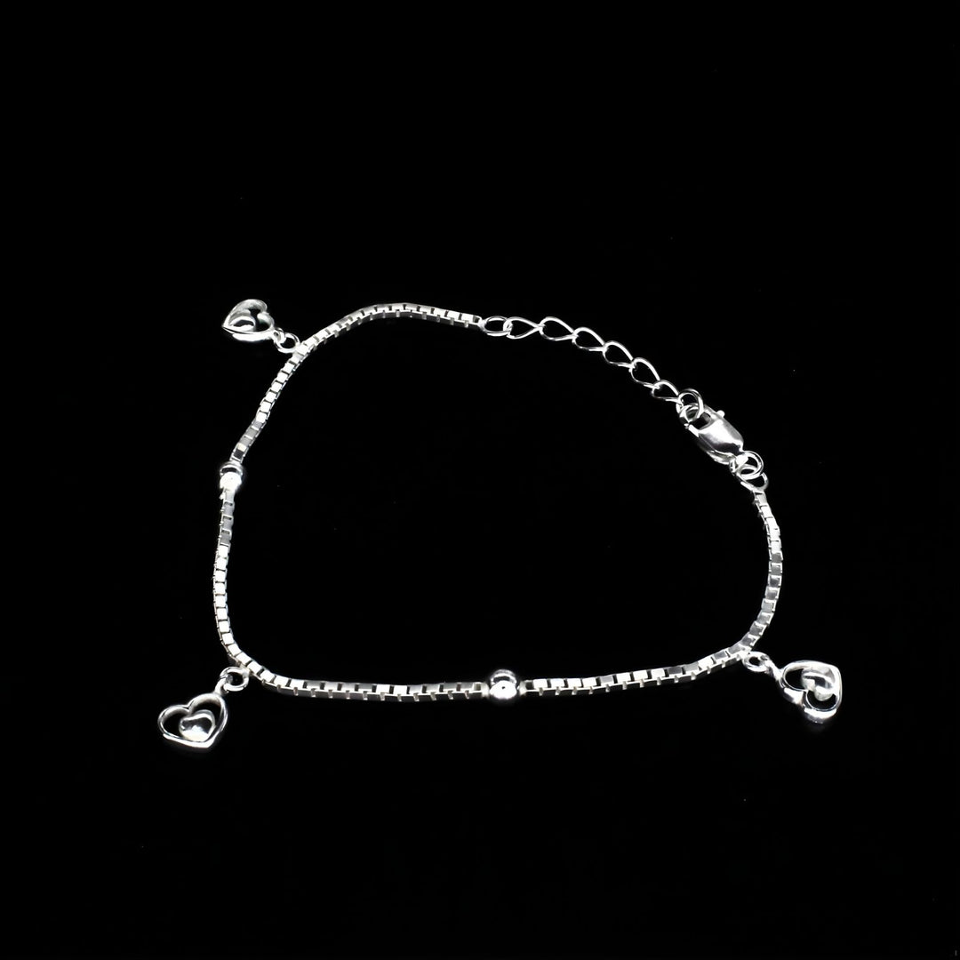Cute 925 Sterling Silver dangle three heart charms box chain Bracelet for Girls