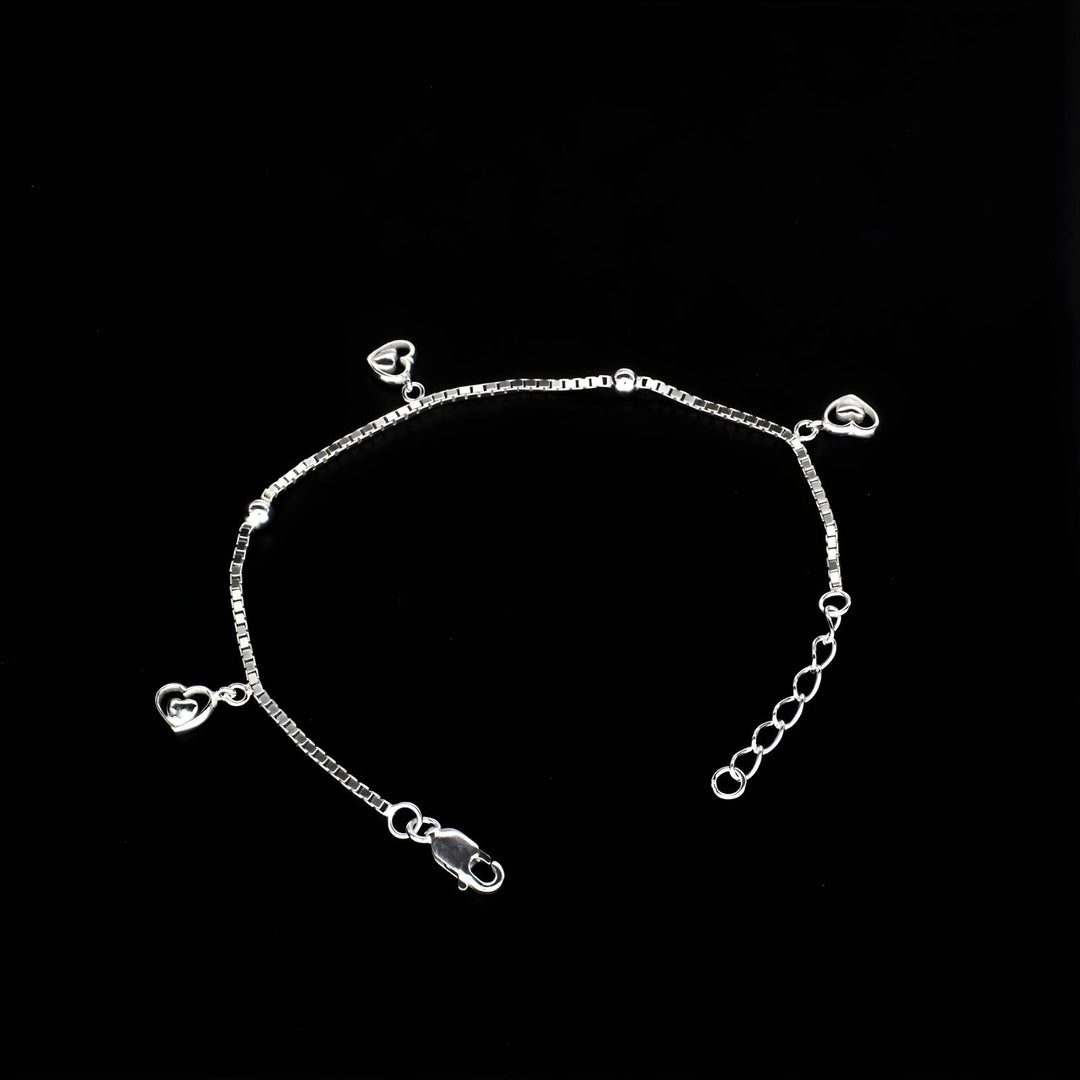 Cute 925 Sterling Silver dangle three heart charms box chain Bracelet for Girls
