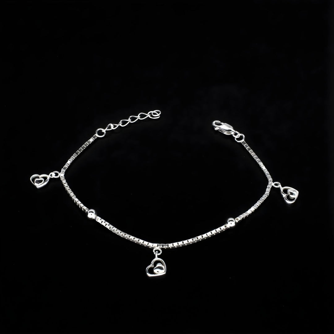 Cute 925 Sterling Silver dangle three heart charms box chain Bracelet for Girls