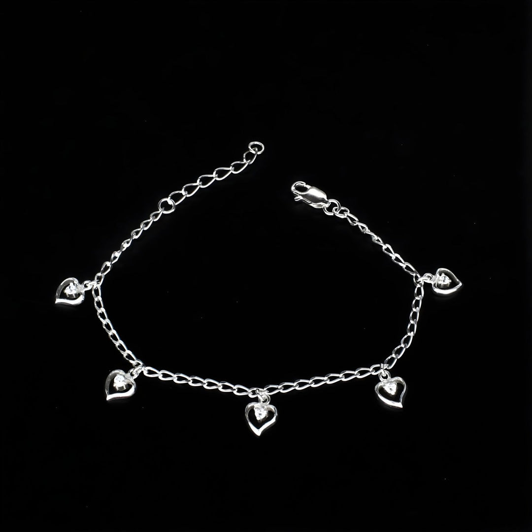925 Sterling Silver White CZ five heart charms curb link chain Bracelet for Girls