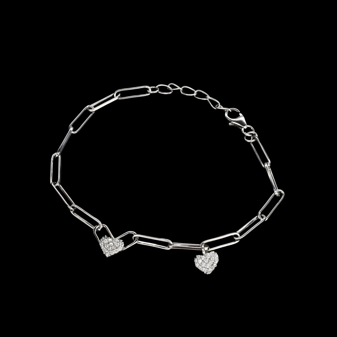 Indian 925 Sterling Silver White CZ Heart charms Paperclip chain Bracelet for Girls