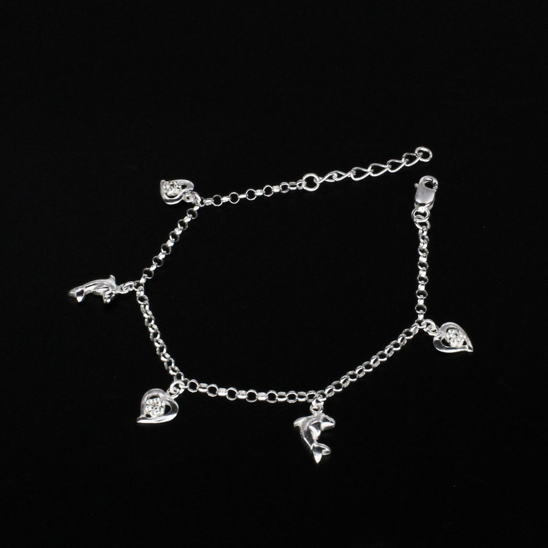 925 Sterling Silver White CZ Dolphin dangle hearts charms cable chain Bracelet for Girls