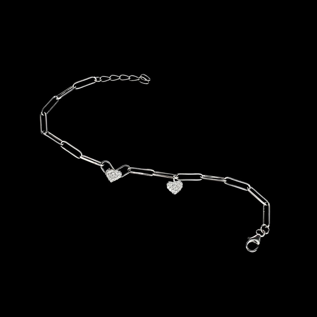 Indian 925 Sterling Silver White CZ Heart charms Paperclip chain Bracelet for Girls