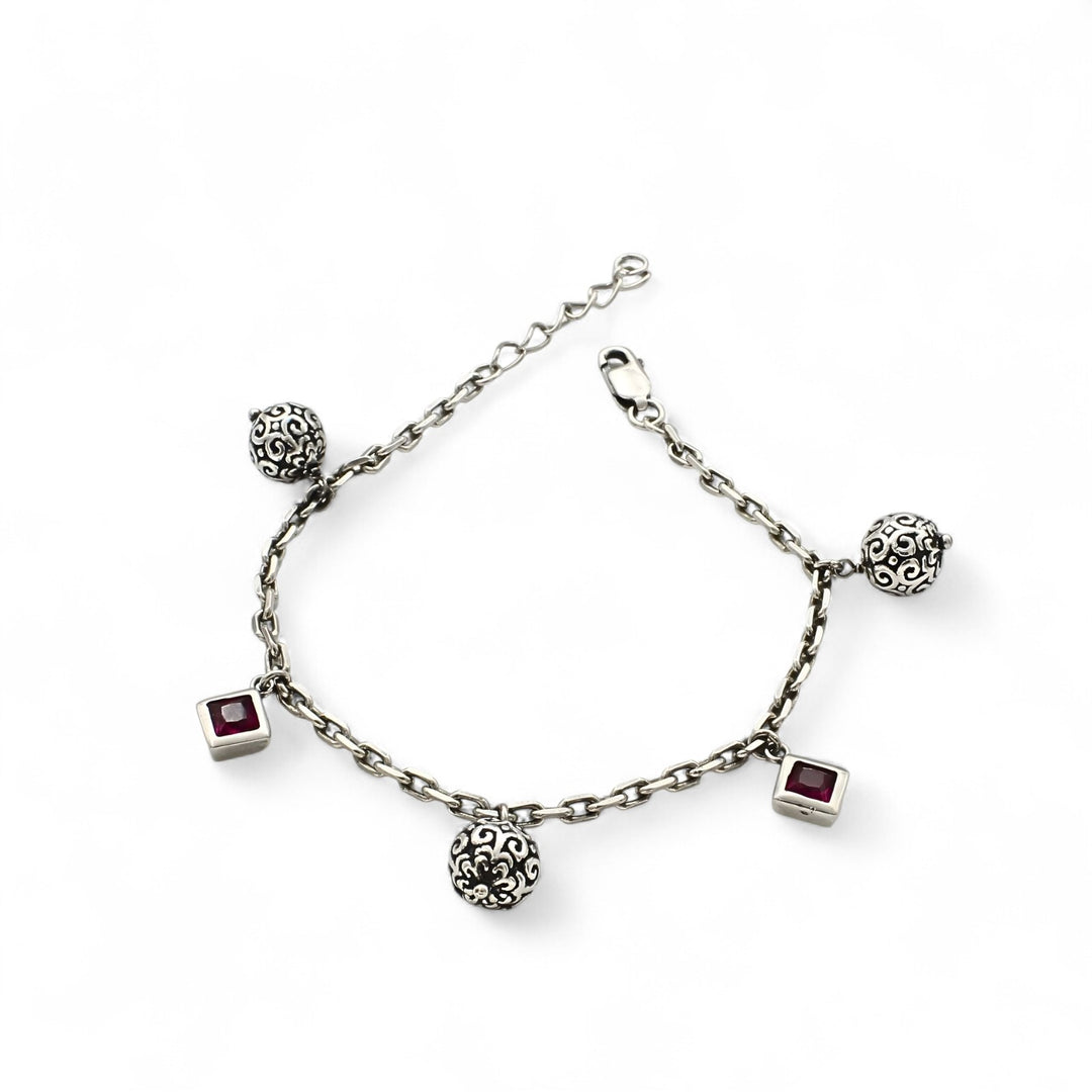 925 Sterling Silver Pink CZ Tribal Bead link chain Bracelet for Girls