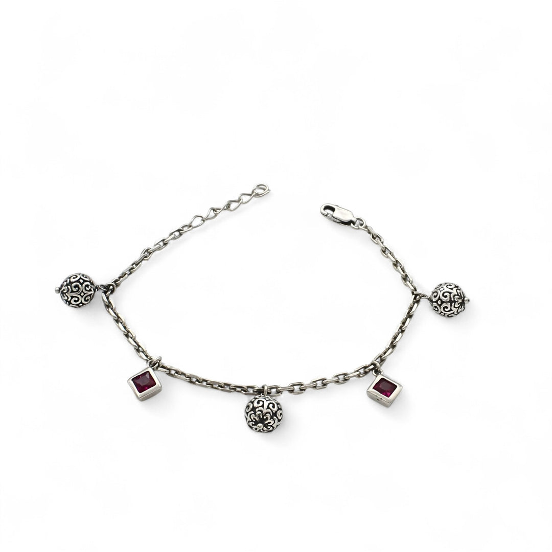 925 Sterling Silver Pink CZ Tribal Bead link chain Bracelet for Girls