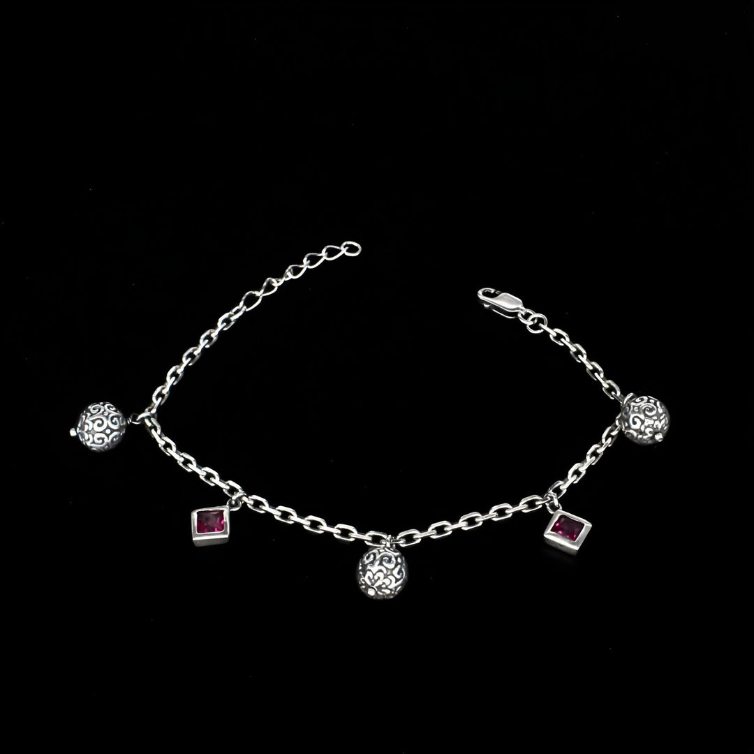 925 Sterling Silver Pink CZ Tribal Bead link chain Bracelet for Girls