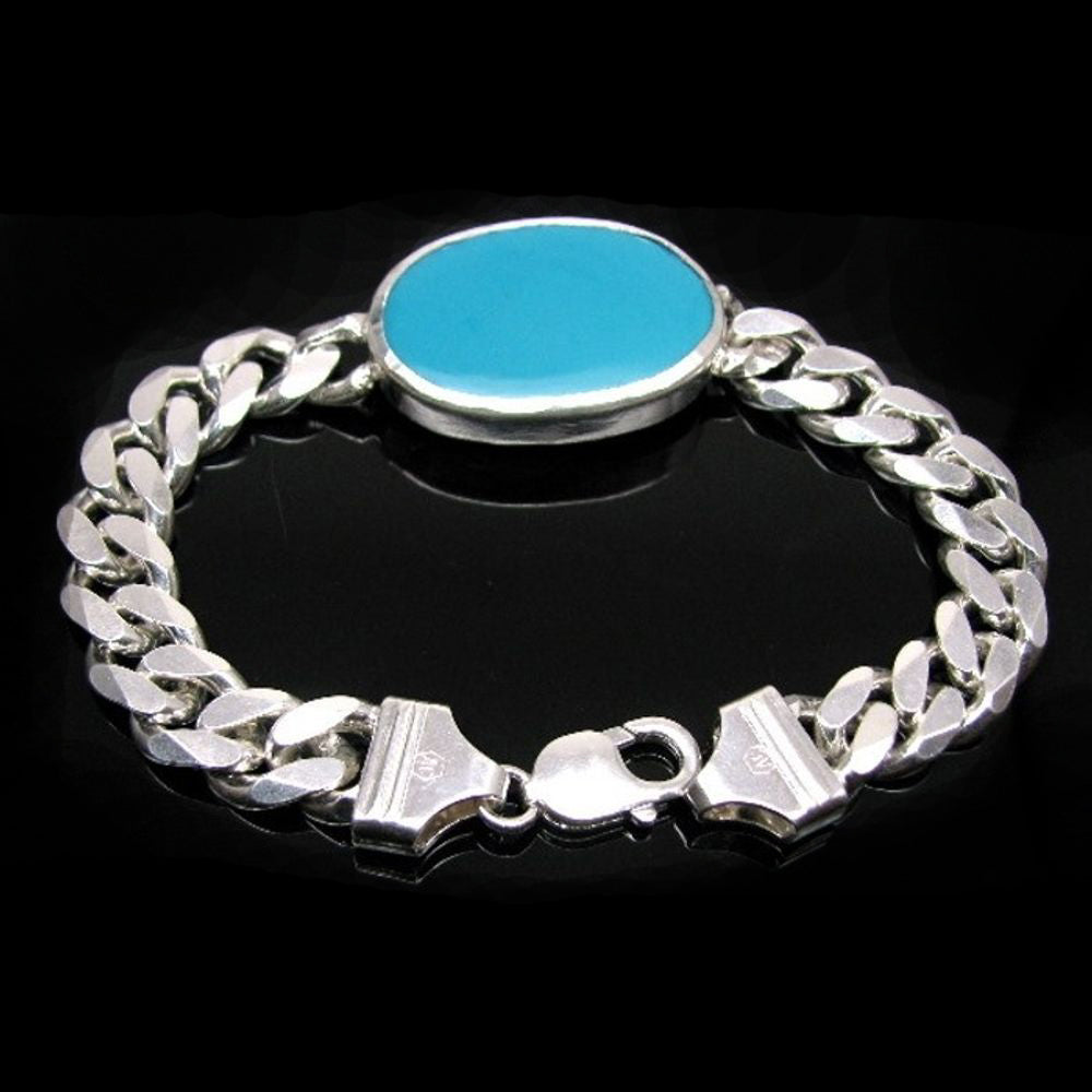 Solid Genuine .925 Sterling Silver Curb Link Chain Men's Bracelet Turquoise