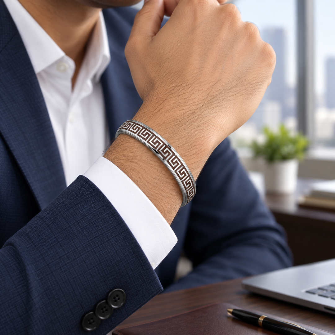 Greek Key Engraved Stainless Steel Kada – Premium Men’s Bracelet