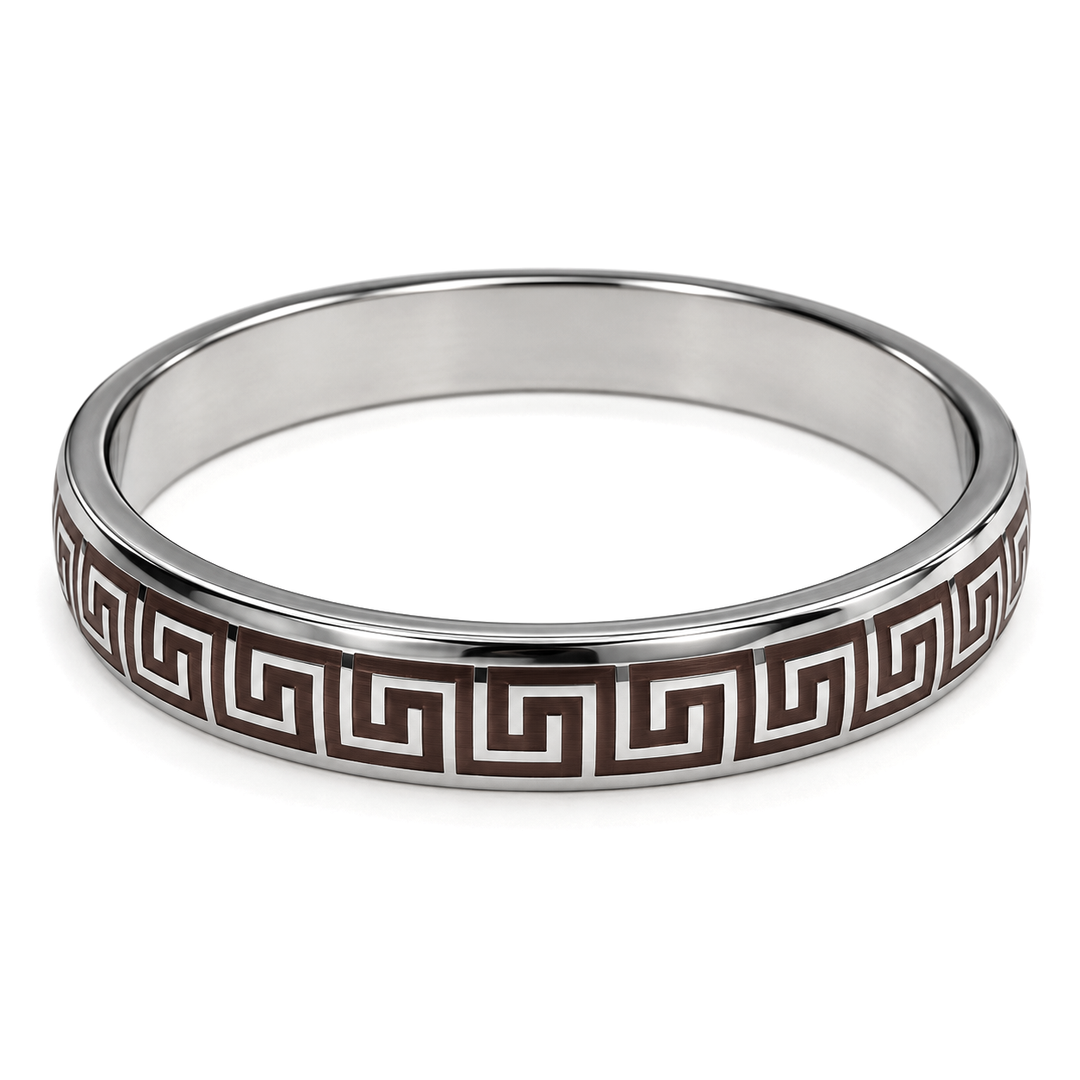 Greek Key Engraved Stainless Steel Kada – Premium Men’s Bracelet
