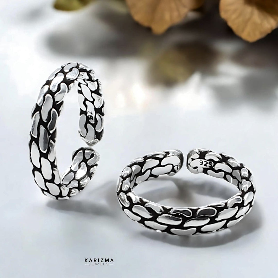 925 Sterling Silver Indian Block Pattern women Oxidized foot toe rings band - Pair