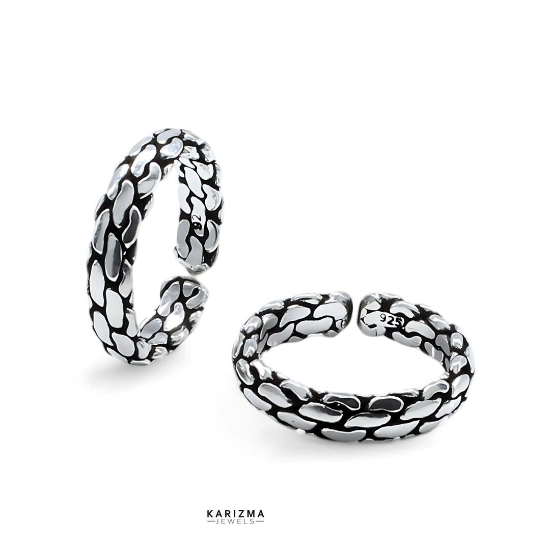 925 Sterling Silver Indian Block Pattern women Oxidized foot toe rings band - Pair