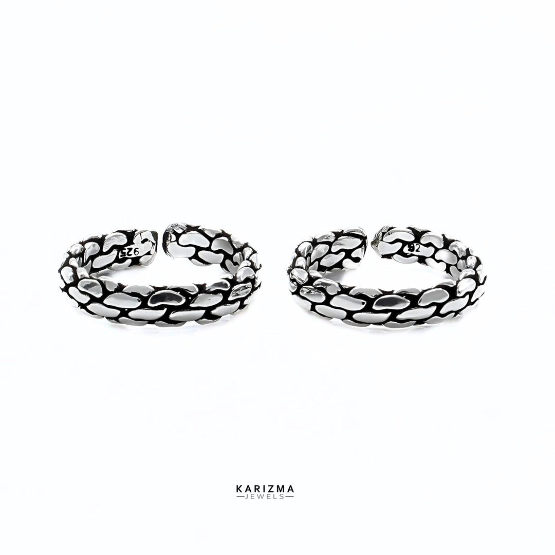 925 Sterling Silver Indian Block Pattern women Oxidized foot toe rings band - Pair