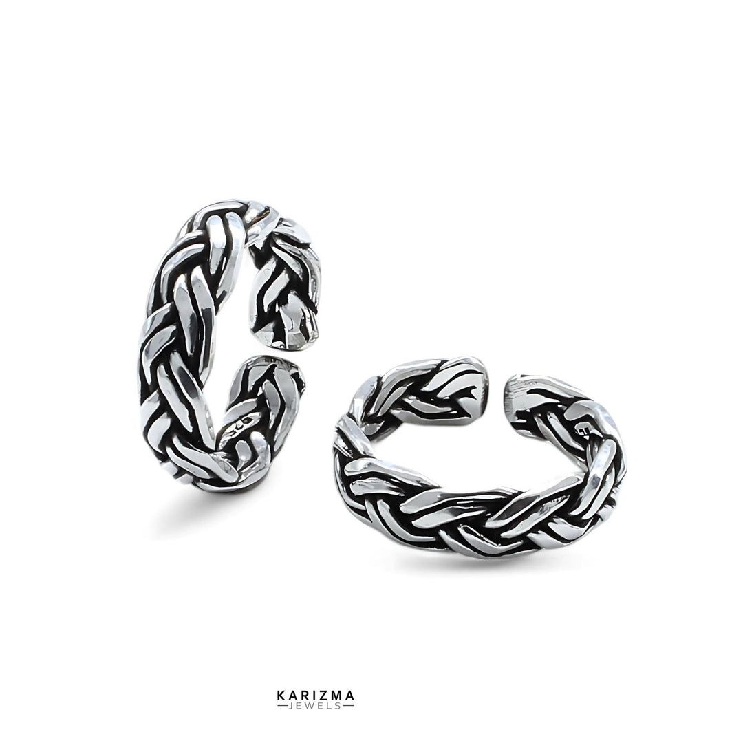 925 Sterling Silver Indian women Oxidized Zig Zag  foot toe rings band - Pair