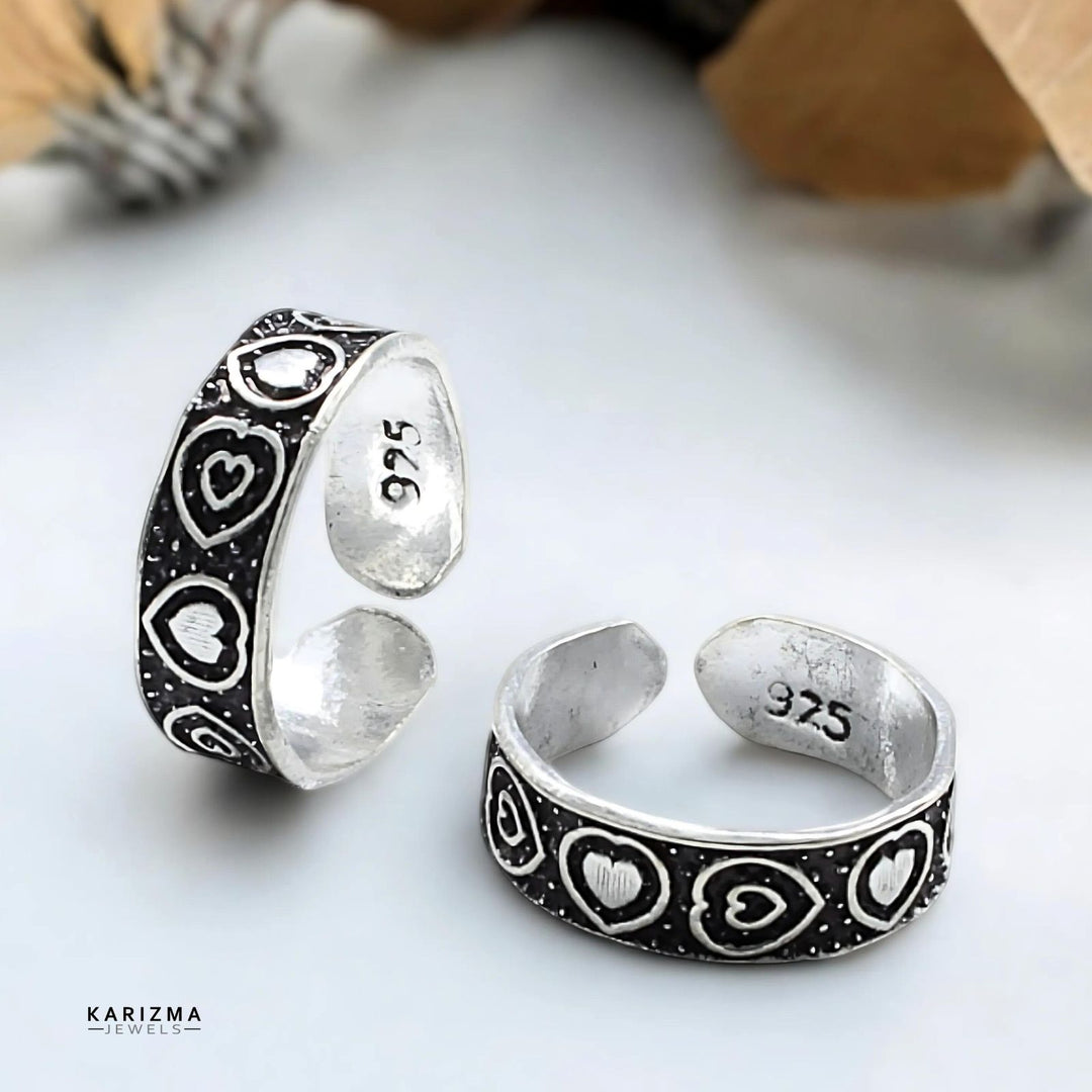 925 Sterling Silver Indian women Oxidized Lovely Heart foot toe rings band - Pair