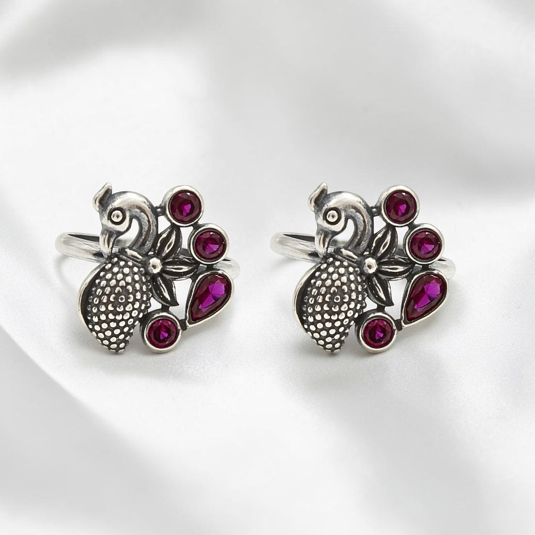 Traditional 925 Real Silver Women Pink CZ Oxidized Peacock Toe Ring - Pair