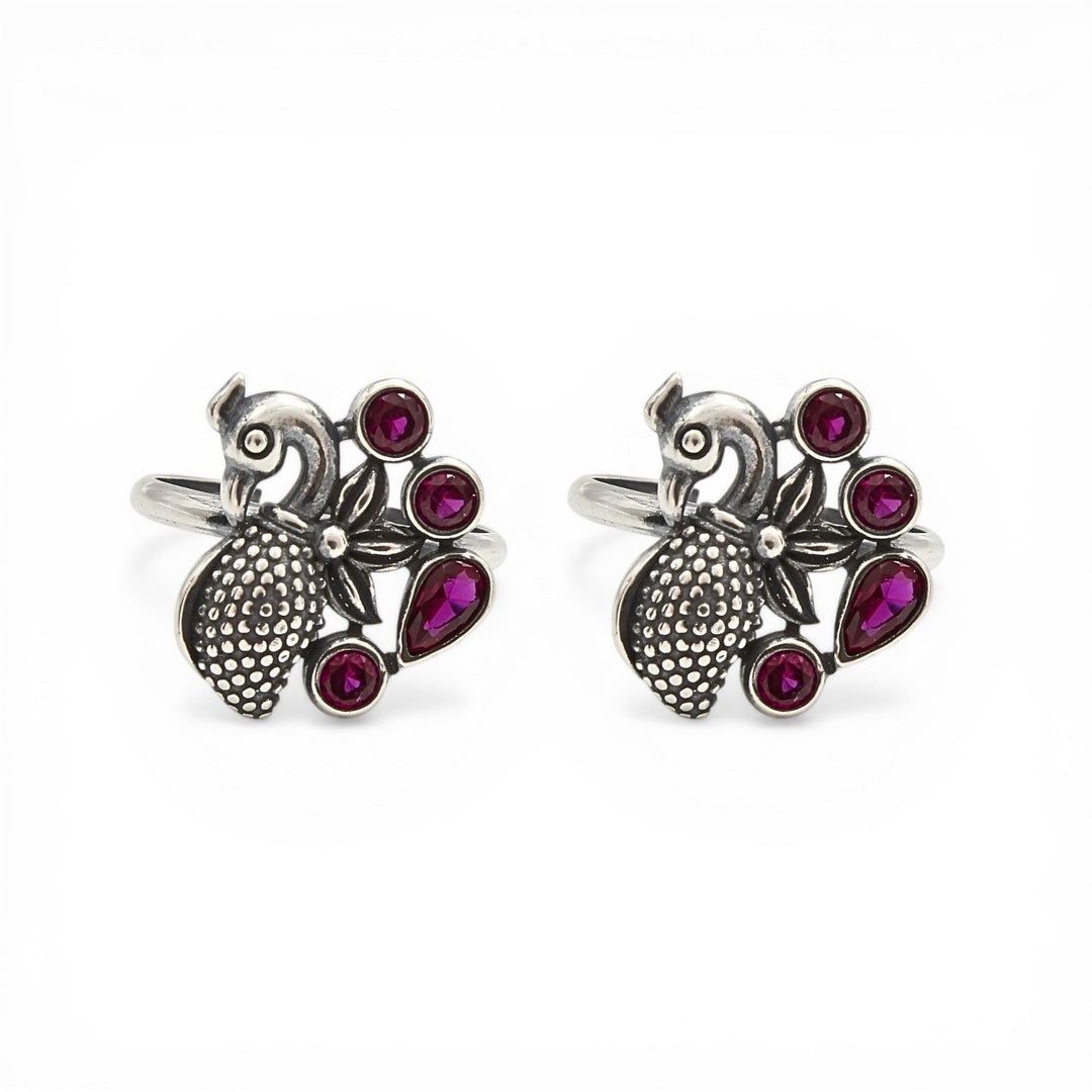 Traditional 925 Real Silver Women Pink CZ Oxidized Peacock Toe Ring - Pair