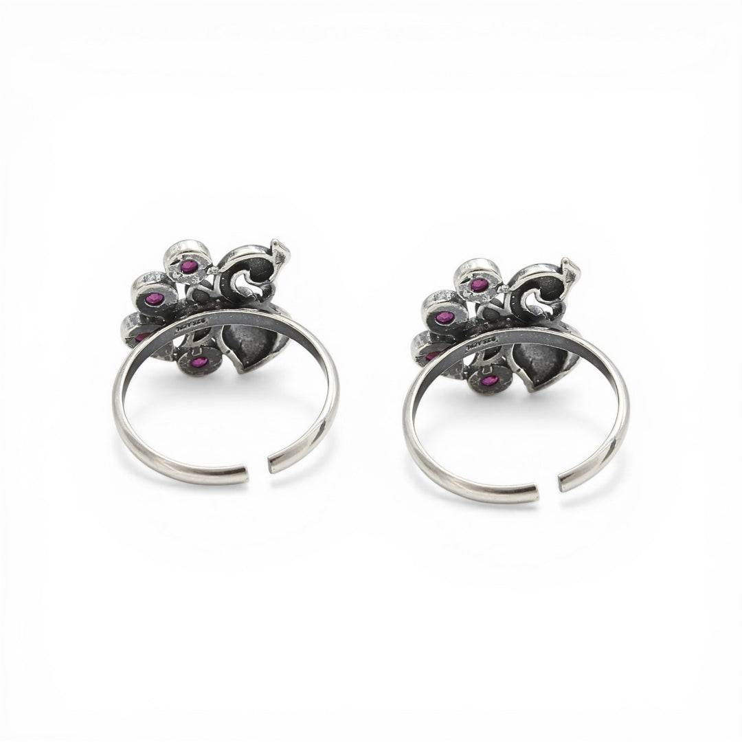 Traditional 925 Real Silver Women Pink CZ Oxidized Peacock Toe Ring - Pair