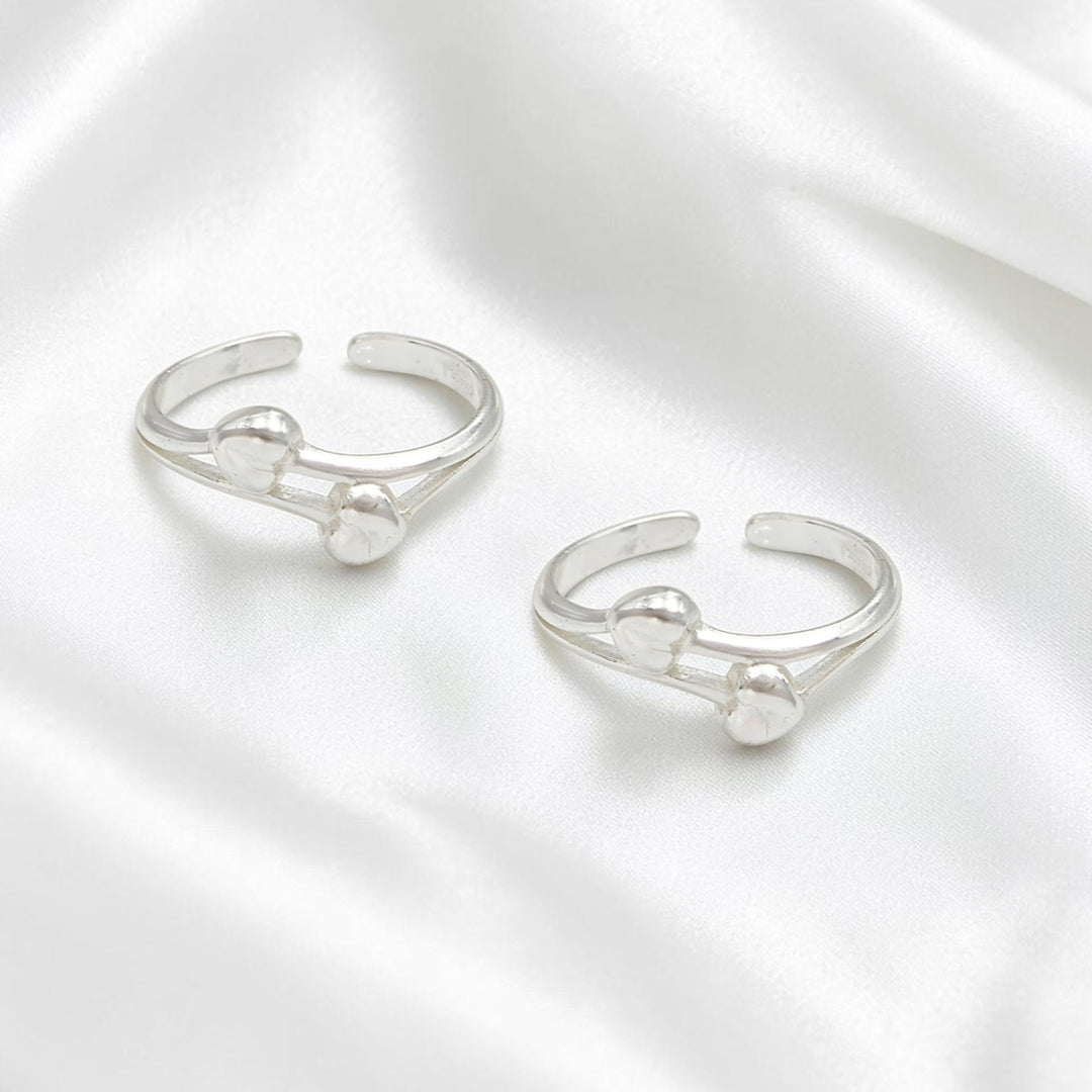 Indian 925 Real Silver Women Double Heart Motif Toe Ring - Pair