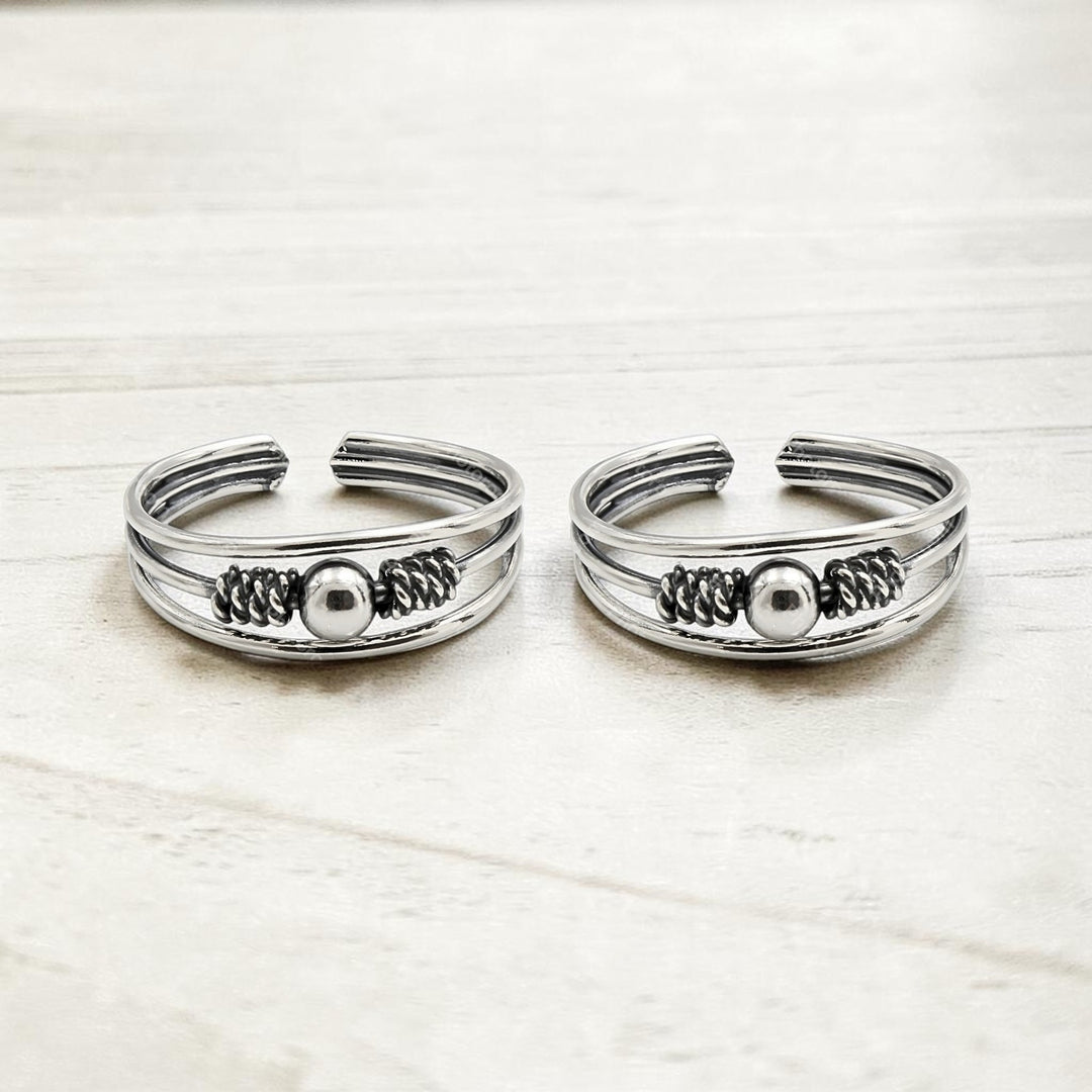 Traditional 925 Real Silver Women Oxidized Ball Design Toe Ring - Pair