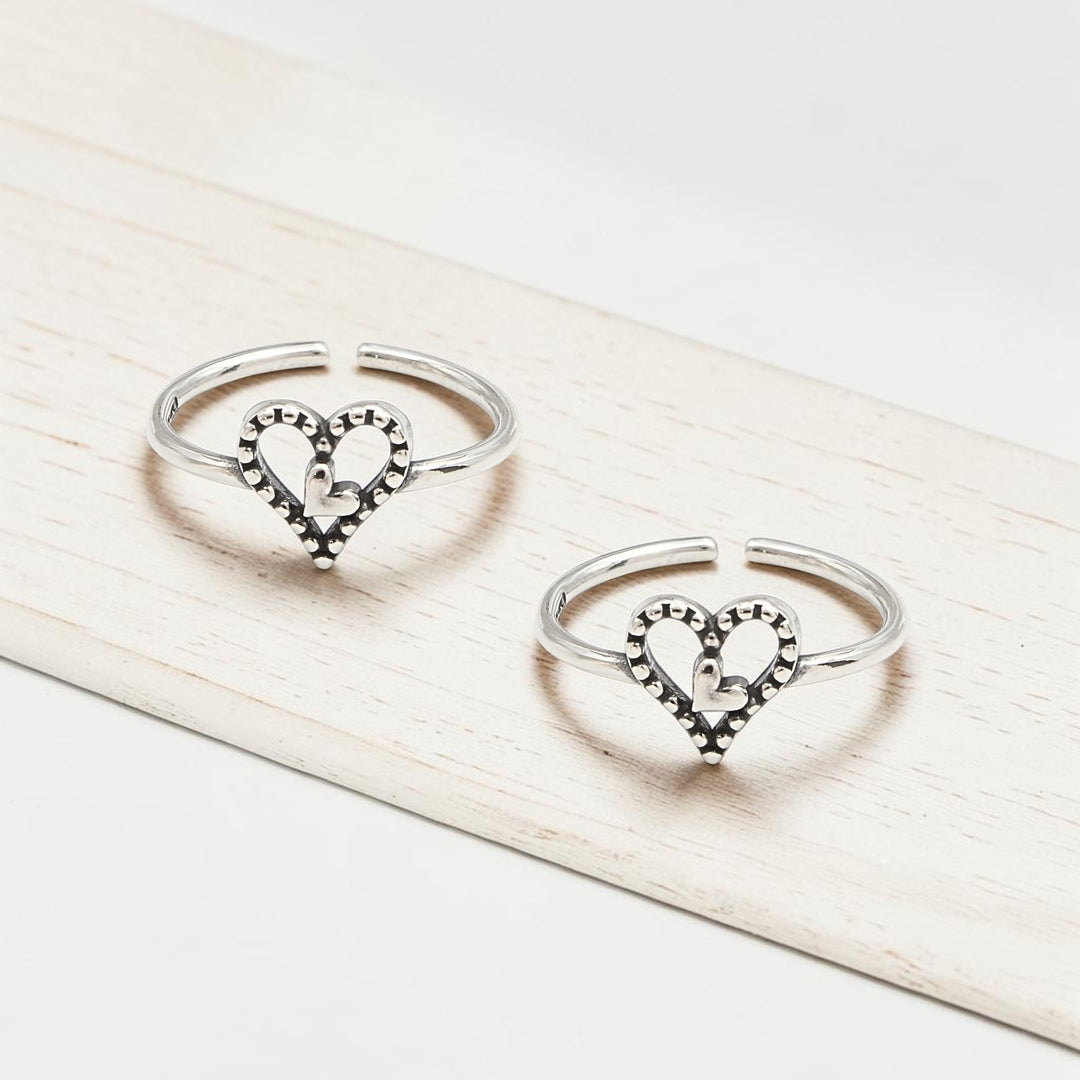 925 Real Silver Women Long-lasting Oxidized Double Heart Toe Ring - Pair