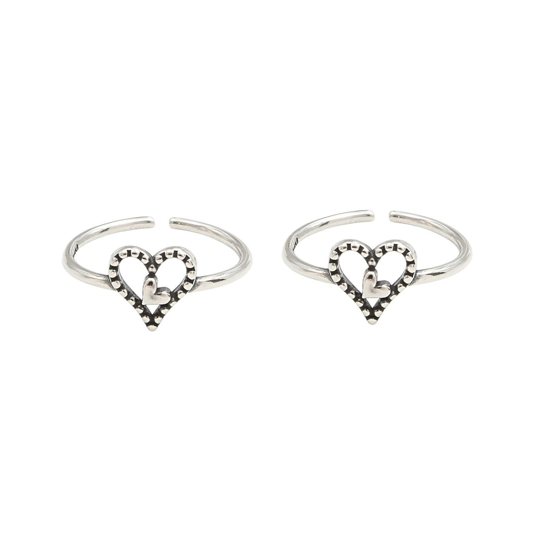 925 Real Silver Women Long-lasting Oxidized Double Heart Toe Ring - Pair