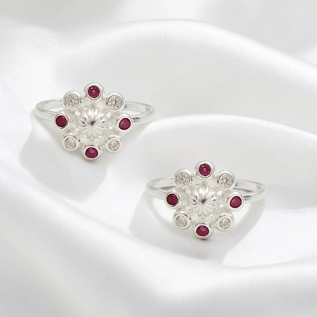 Floral Design 925 Real Sterling Silver Indian women Pink White  CZ Toe Ring - Pair