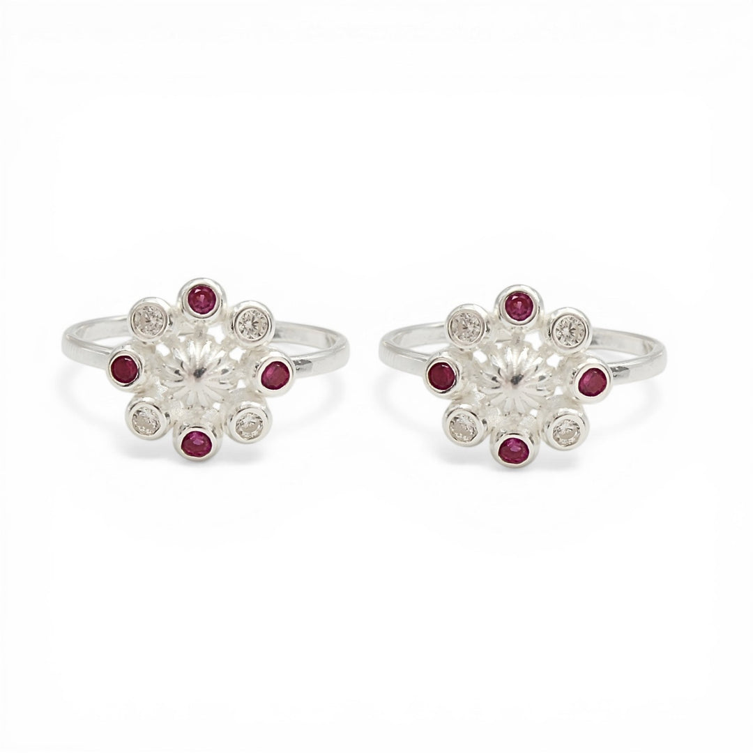 Floral Design 925 Real Sterling Silver Indian women Pink White  CZ Toe Ring - Pair