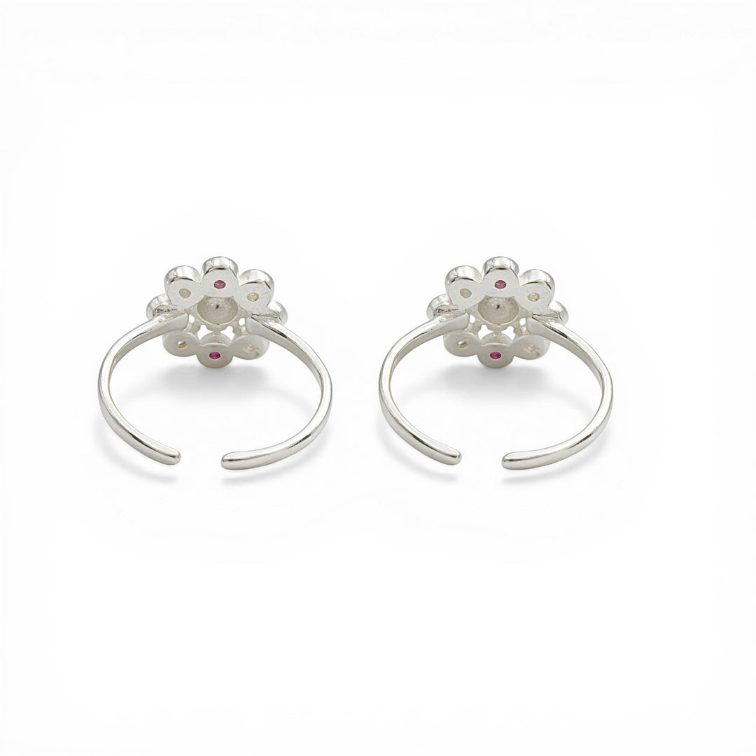 Floral Design 925 Real Sterling Silver Indian women Pink White  CZ Toe Ring - Pair