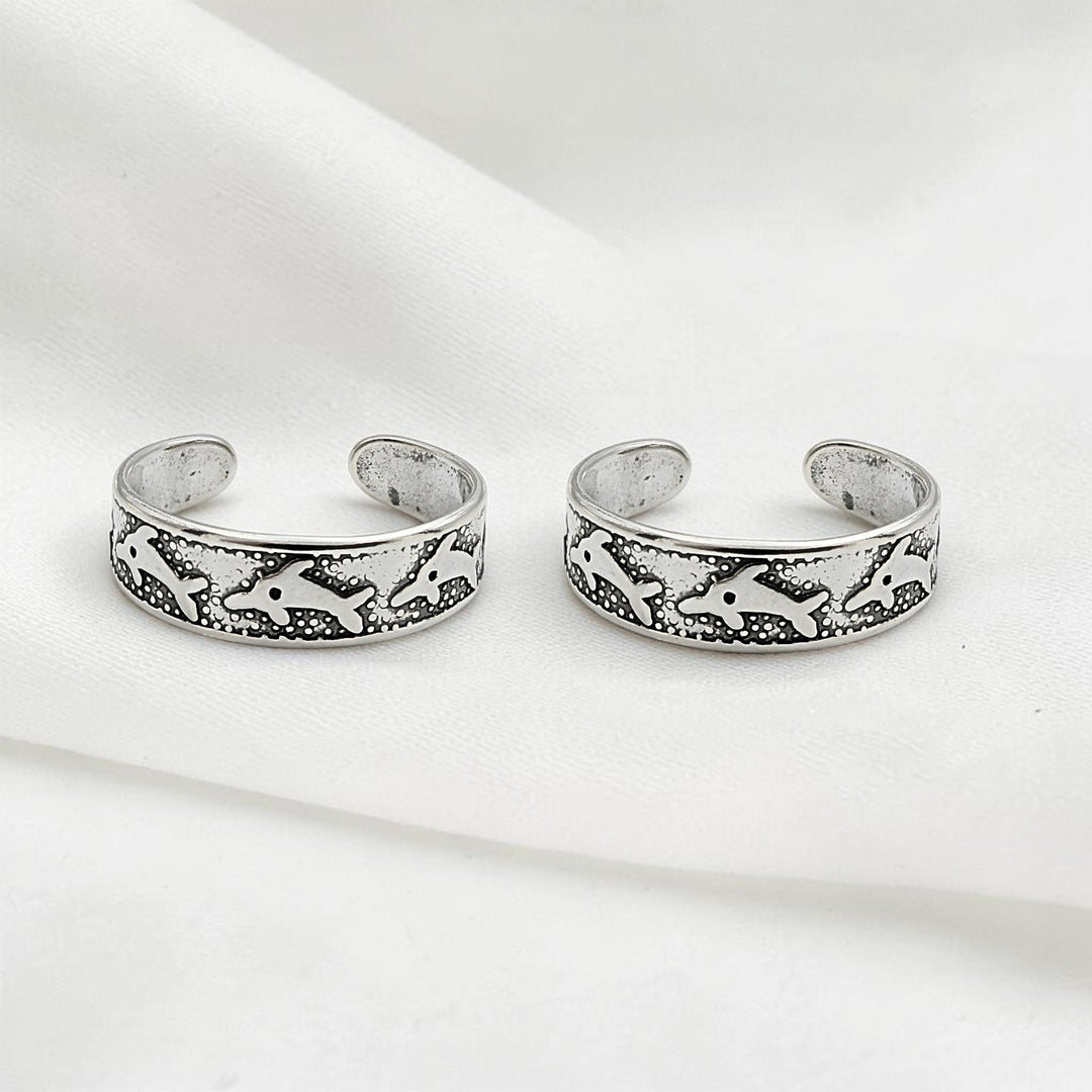 925 Real Silver Women Oxidized Dolphin design Toe Ring - Pair