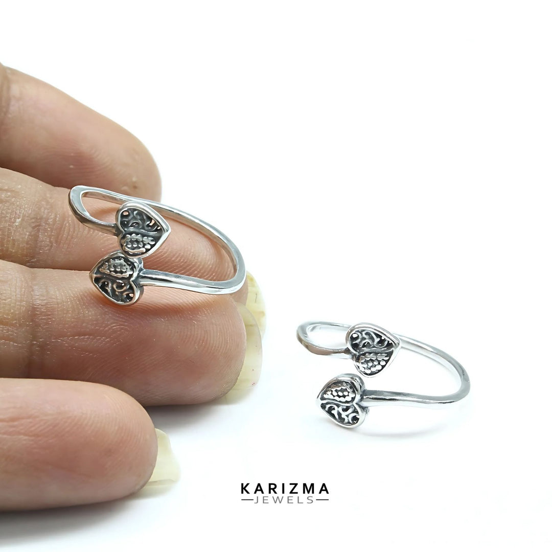 925 Real Sterling Silver Indian women Heart design Oxidized Toe Ring - Pair