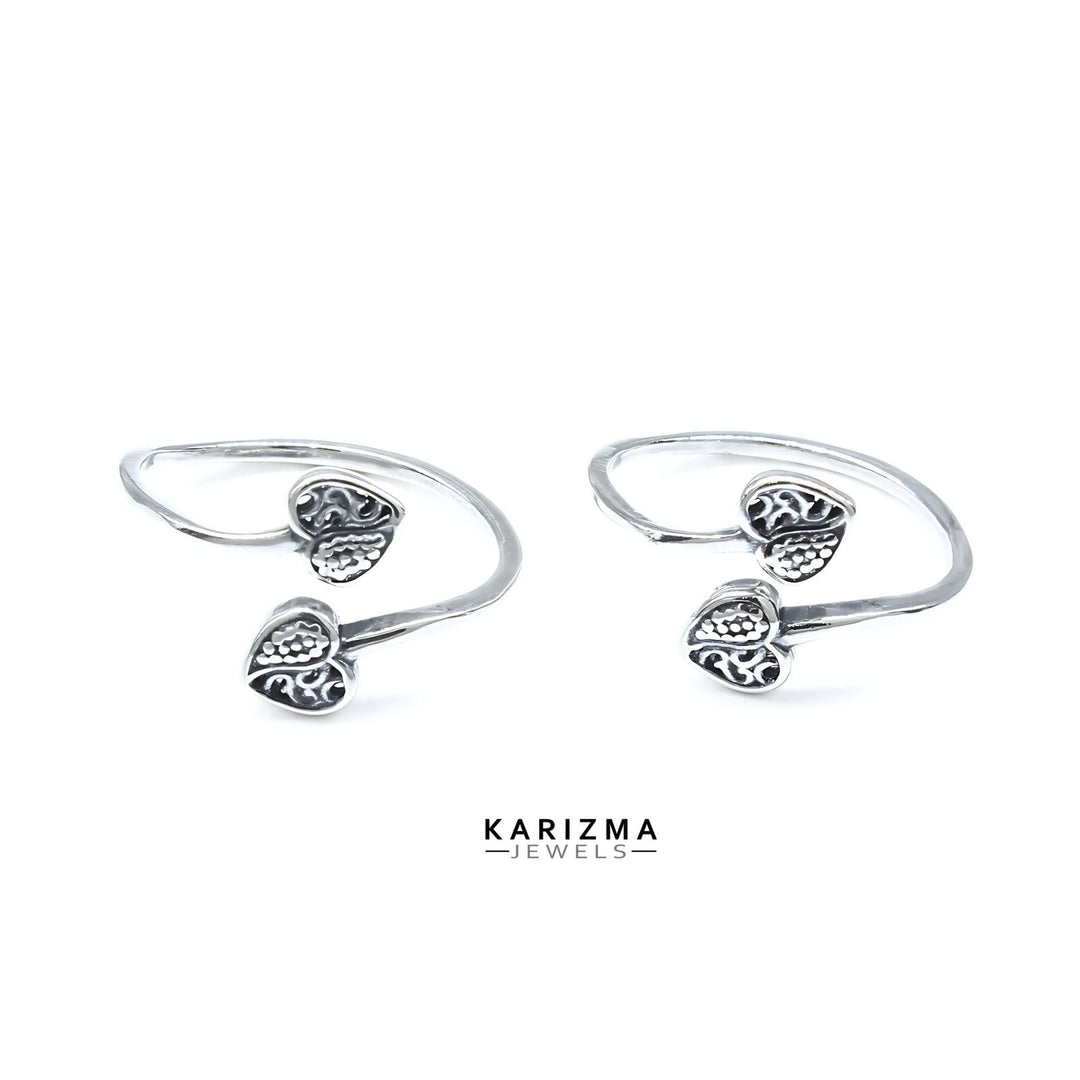 925 Real Sterling Silver Indian women Heart design Oxidized Toe Ring - Pair