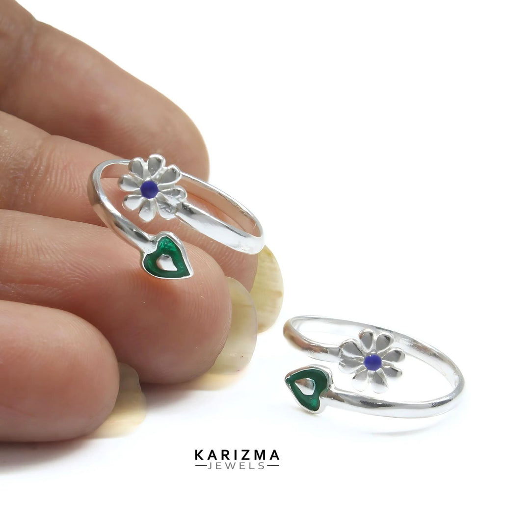 925 Real Sterling Silver Indian women Enamel Heart Floral style Toe Ring - Pair