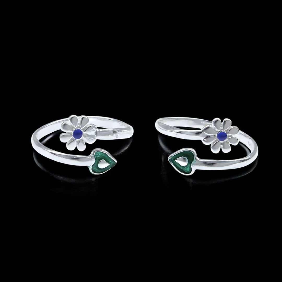 925 Real Sterling Silver Indian women Enamel Heart Floral style Toe Ring - Pair
