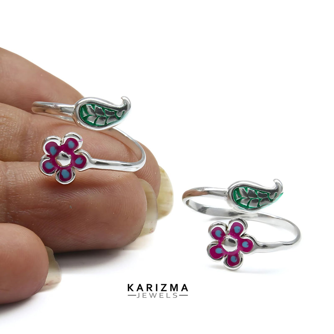 925 Real Sterling Silver women Adjustable Excellent Enamel Toe Ring - Pair