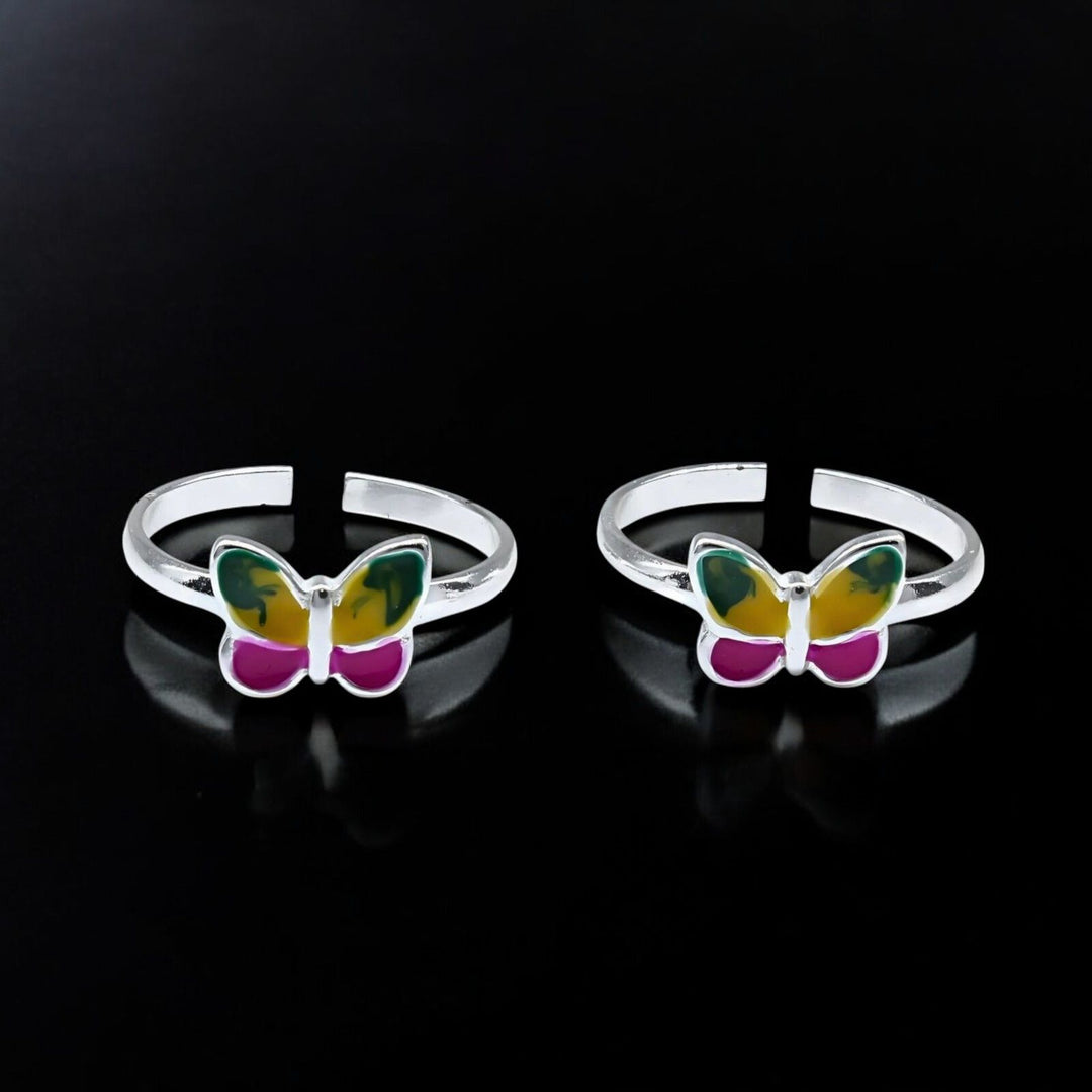 925 Real Sterling Silver women pretty Enamel Butterfly Toe Ring - Pair