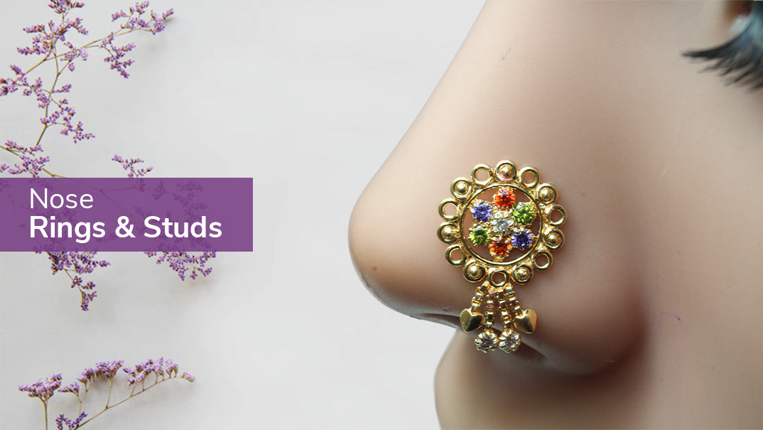 Indian style bridal dangle nose stud with multicolor stones