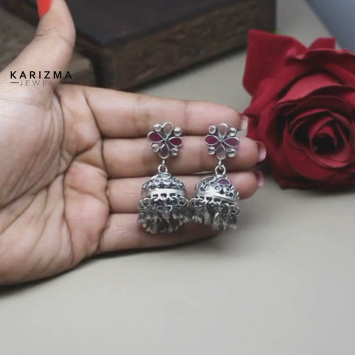 Cute Dangle Indian Jhumka Style Real Silver Pink White CZ Earrings