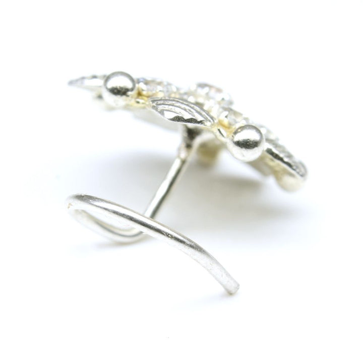 Floral 925 Sterling Silver Champaign white CZ L Bend Corkscrew nose ring 22g