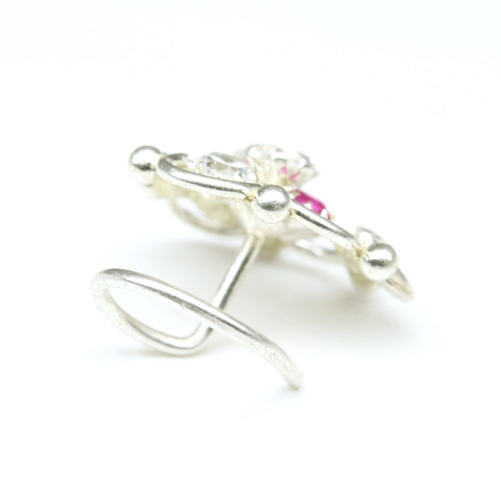 Ethnic Indian 925 Sterling Silver Pink White CZ Studded Corkscrew nose ring 22g