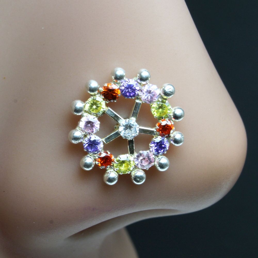 Wheel Indian 925 Sterling Silver Multi-color CZ Studded Corkscrew nose ring 22g