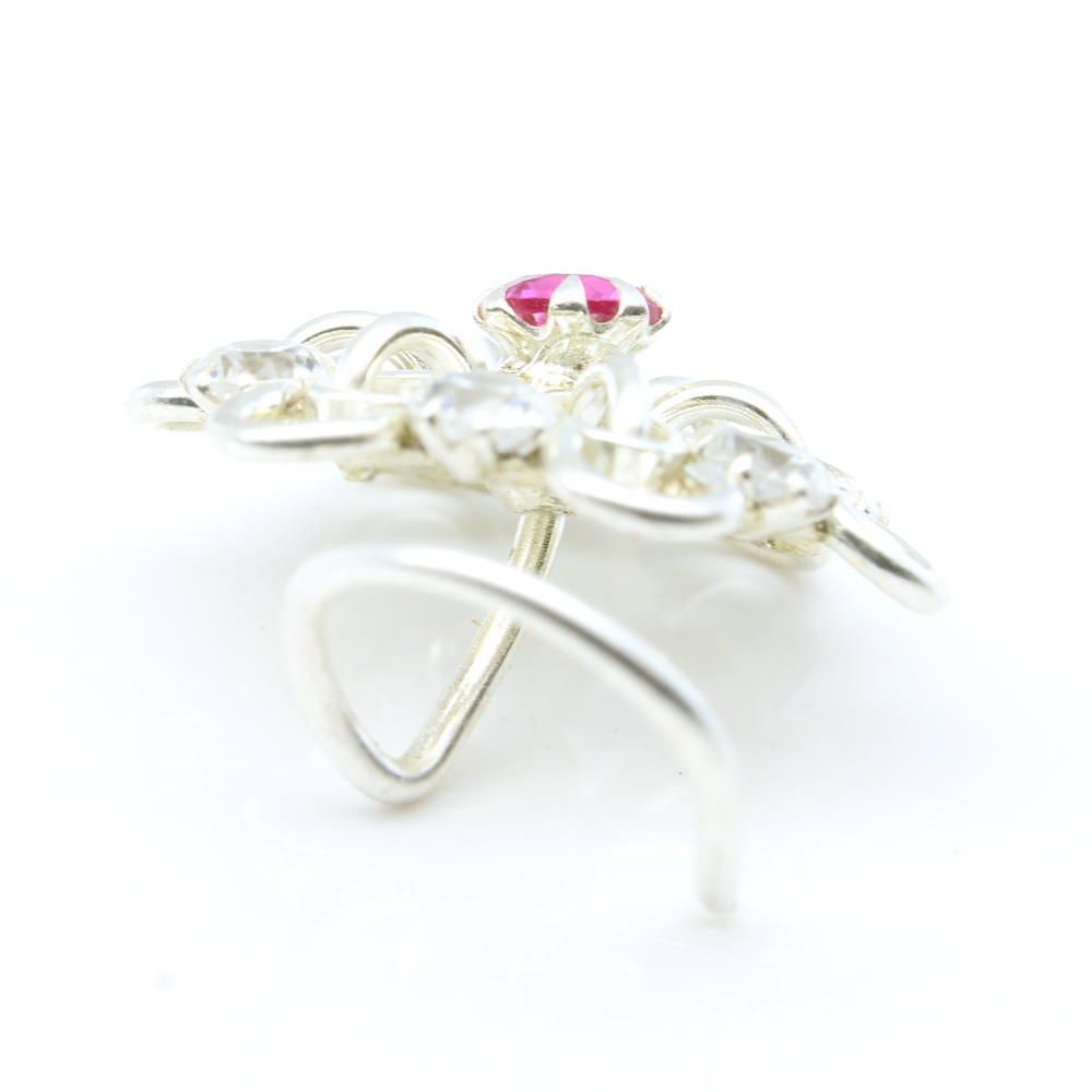 Ethnic Indian 925 Sterling Silver Pink White CZ Studded Corkscrew nose ring 22g