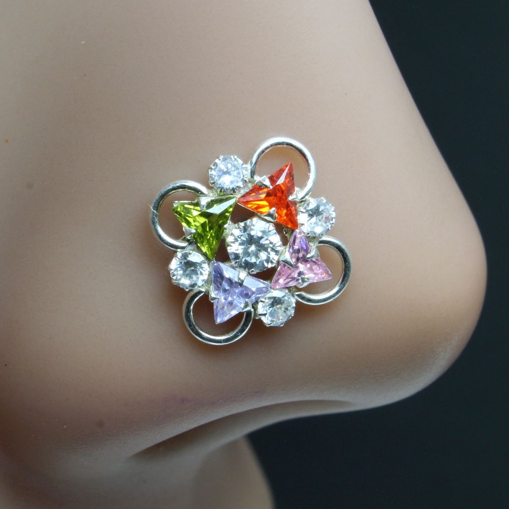 Indian 925 Sterling Silver Multi-color CZ Studded Corkscrew nose ring 22g
