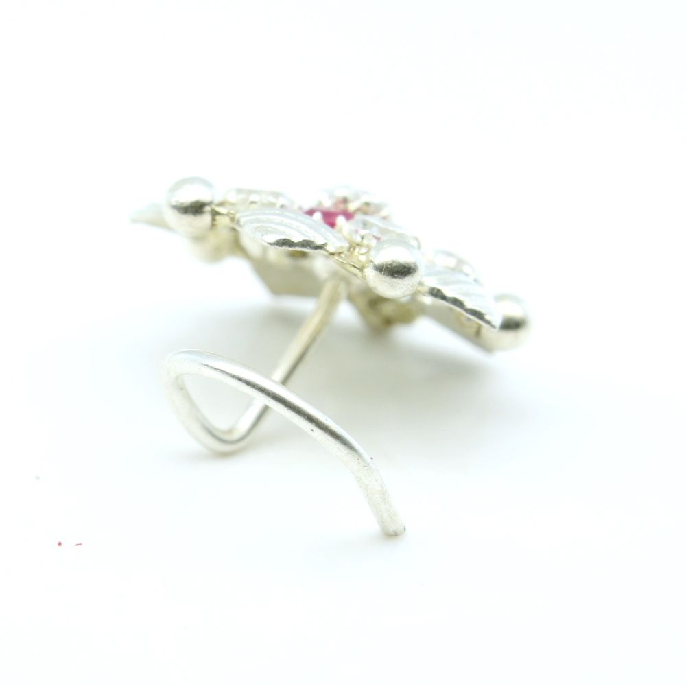 Floral Indian 925 Sterling Silver Pink White CZ Studded Corkscrew nose ring 22g