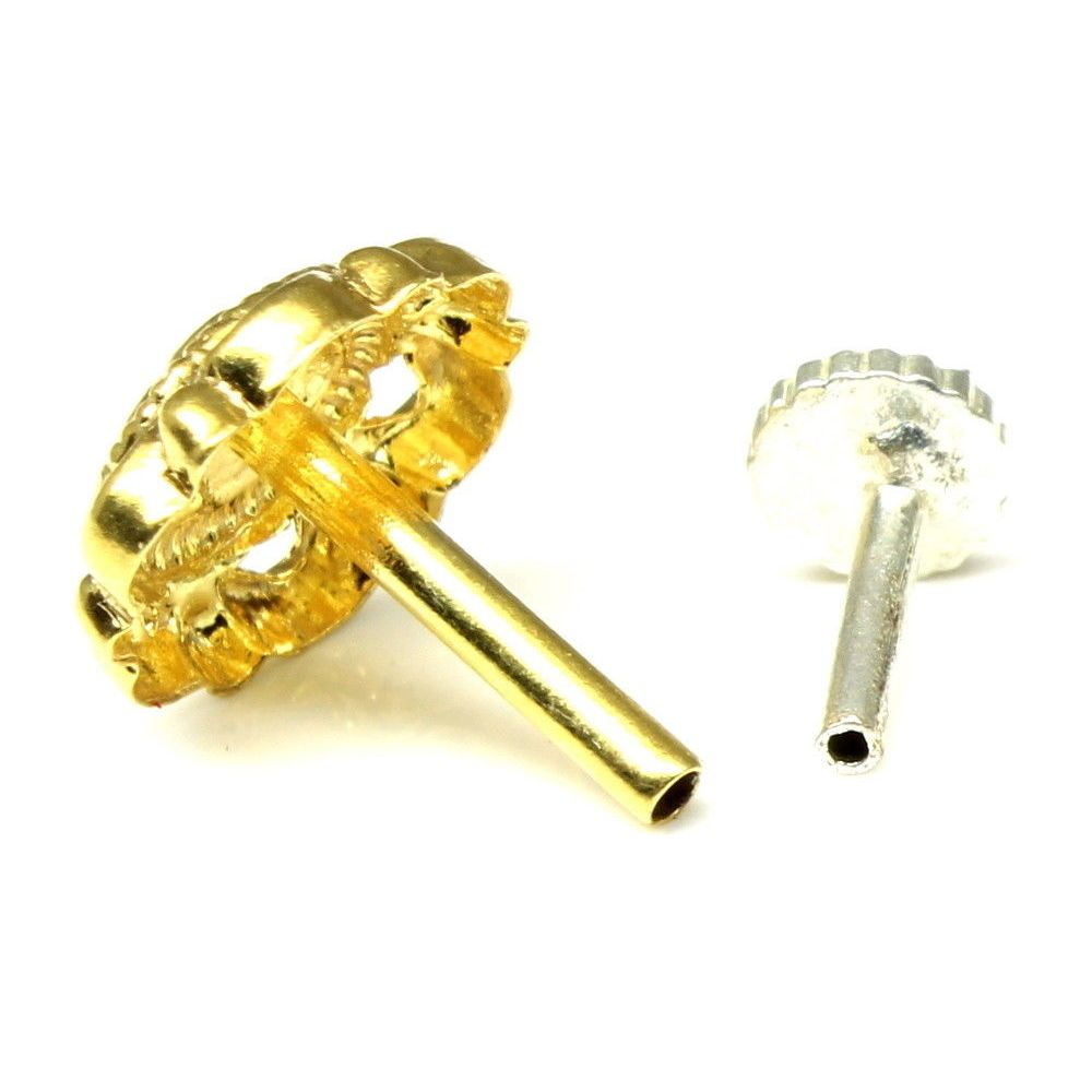 Indian Nose Stud, Gold plated nose ring, Push Pin nase stud 18g
