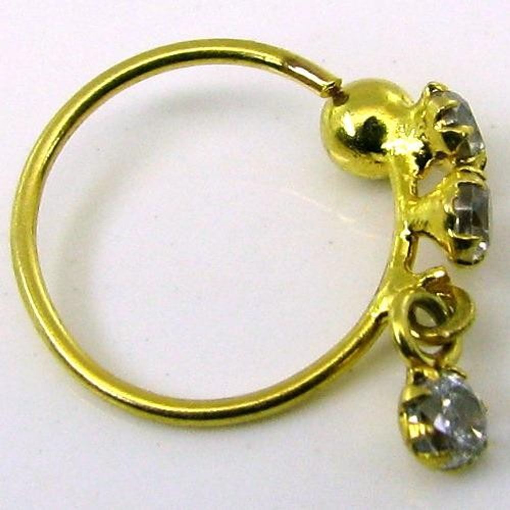 Ethnic Indian 3 stone Dangle CZ Studded Nose Hoop Ring 14k Solid Yellow Gold 22g