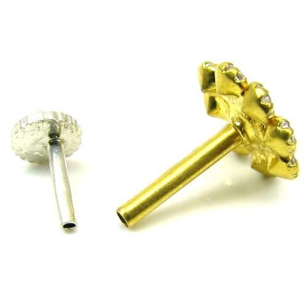 Indian Style Designer White CZ Body Piercing Jewelry Nose stud Pin Solid Real 14k Yellow Gold